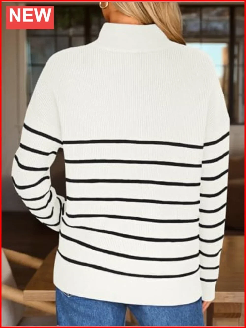 Quarter Zip Striped Oversized Ribbed Knit Pullover Sweater Fall Winter Casual